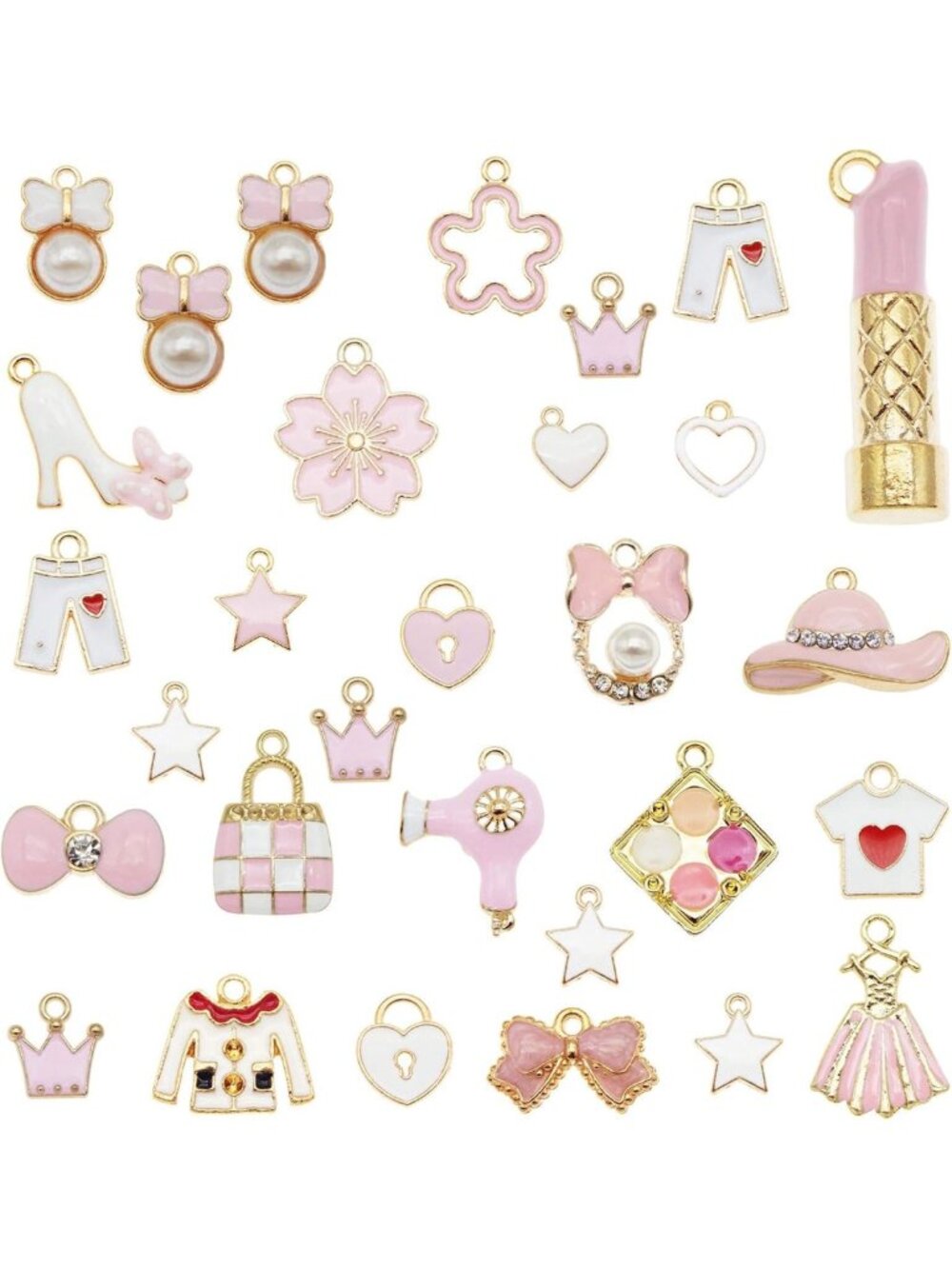 100 Mixed Pink Enamel Charms - Fashion Lipstick, Hat, Purse & High Heel Pendants